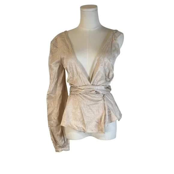 BCBGMAXAZRIA Metallic Wrap Blouse Beige XXS NWT $178 - Picture 3 of 11